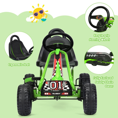 Gymax Kids Pedal Go Kart 4 Wheel Ride On Toys w/ Adjustable Seat & Handbrake Green
