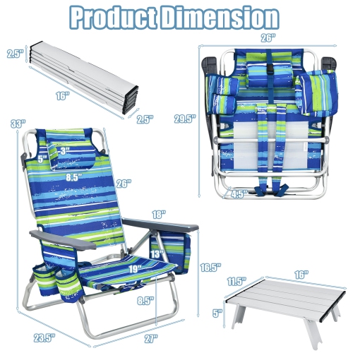 Gymax 3PCS Folding Beach Chair & Table Set Outdoor Adjustable Reclining Chair