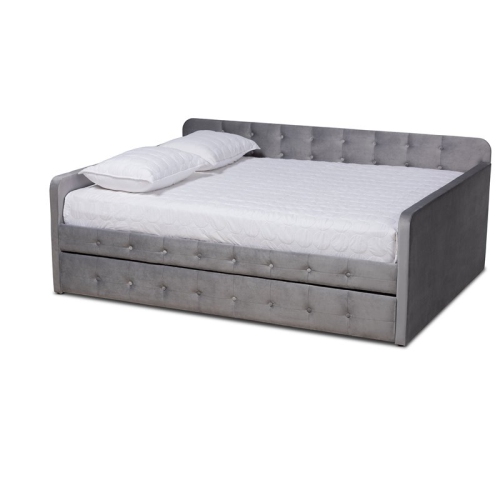 BAXTON STUDIO  Jona Gray Velvet Upholstered Queen Size Daybed With Trundle