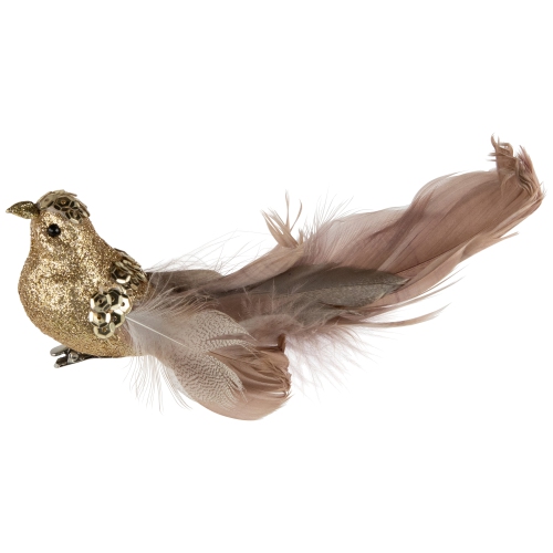 Sequins and Glitter Bird with Feathers Clip On Christmas Ornament - 6" - Gold