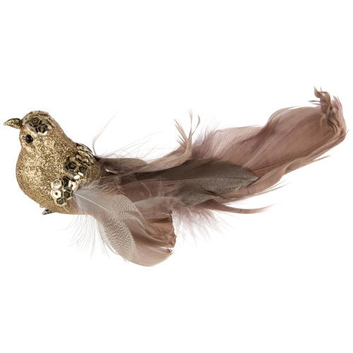 Sequins and Glitter Bird with Feathers Clip On Christmas Ornament - 6" - Gold