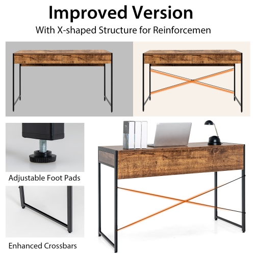 Costway Computer Desk Metal Frame Study Table Home Office Workstation w/2 Drawers