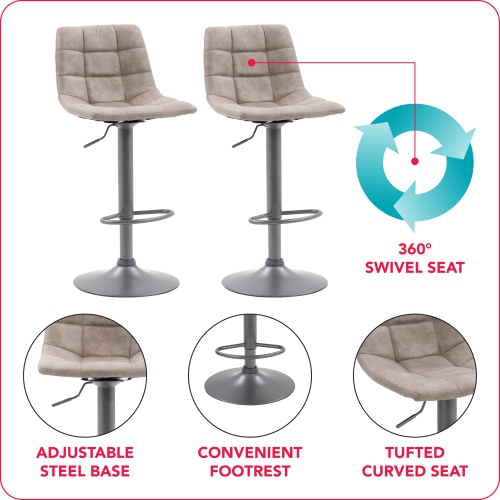 CorLiving DPU-830-B Palmer Adjustable Square Tufted Light Grey Barstool, Set of 2
