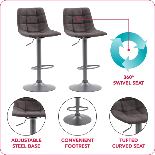 CorLiving DPU-831-B Palmer Adjustable Square Tufted Grey Barstool, Set of 2