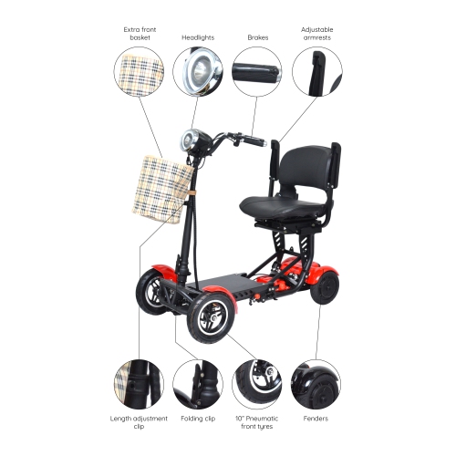 Refurbished - Dragon Mobile Ex Lightweight Portable Foldable Mobility Scooter, 4 Wheel Long Battery Life Easy Travel, Up to 12 Miles - Red