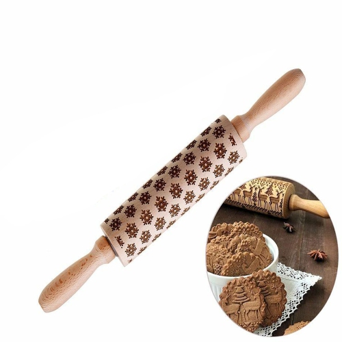 Christmas Wooden Rolling Pins with Embossing, Natural Wood Star Carved Engraved Rolling Pin for Baking Cookies