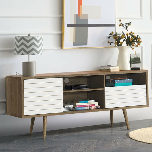 Gymax Modern TV Stand/Console Cabinet 3 Shelves Storage Drawer Splayed Leg Wood/White