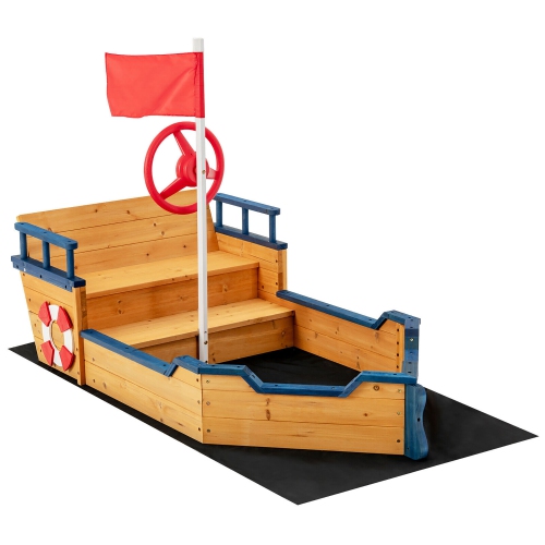 GYMAX  Kids Pirate Boat Wooden Sandbox Non-Woven Fabric Liner Children Outdoor Playset