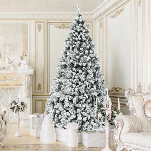 GYMAX  6/7.5/9 Ft Pre-Lit Christmas Tree Snow Flocked Hinged Pine Tree W/ Metal Stand