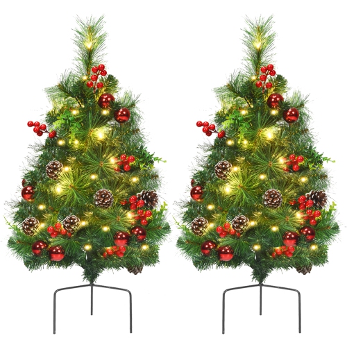 GYMAX  2PCs Pre-Lit Christmas Tree Artificial Pathway Xmas Tree W/ 8 Flash Modes