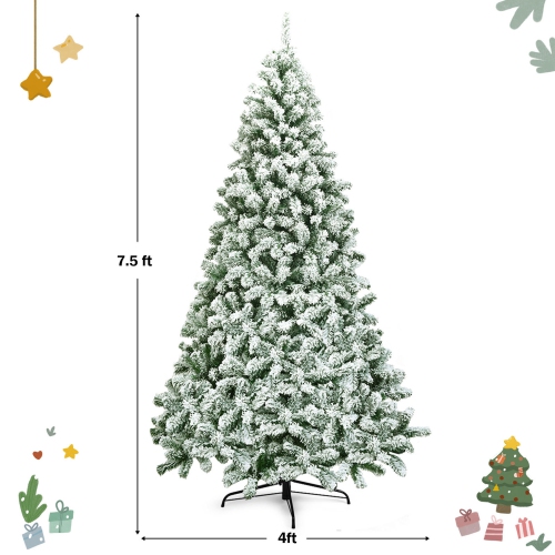 Gymax 7.5ft Snow Flocked Christmas Tree Hinged Artificial Pine Tree w/ Metal Stand