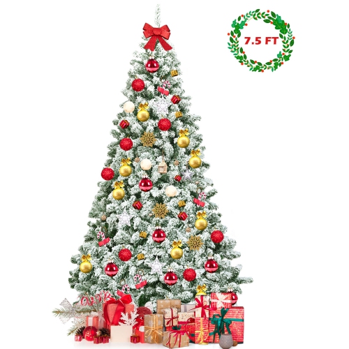 Gymax 7.5ft Snow Flocked Christmas Tree Hinged Artificial Pine Tree w/ Metal Stand