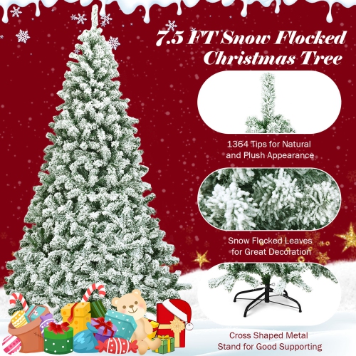 Gymax 7.5ft Snow Flocked Christmas Tree Hinged Artificial Pine Tree w/ Metal Stand