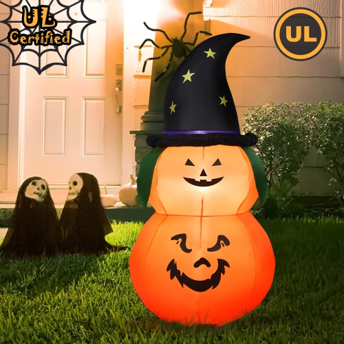 GYMAX  5Ft Inflatable Halloween Pumpkin Decoration W/ Led Light Witch Hat