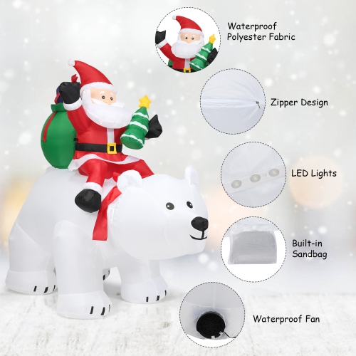 Gymax 6.5ft Inflatable Christmas Santa Riding Polar Bear Decoration w/ LED Light