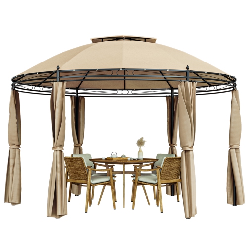 GYMAX  11.5' Outdoor Patio Round Dome Gazebo Canopy Shelter Double Roof Steel In Brown