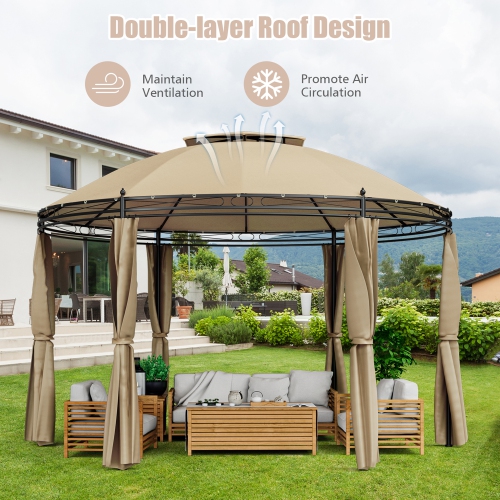 Gymax 11.5' Outdoor Patio Round Dome Gazebo Canopy Shelter Double Roof Steel Brown