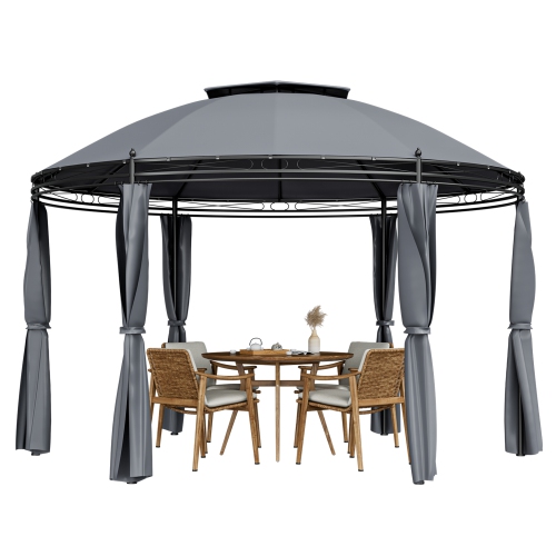 GYMAX  11.5' Outdoor Patio Round Dome Gazebo Canopy Shelter Double Roof Steel In Gray