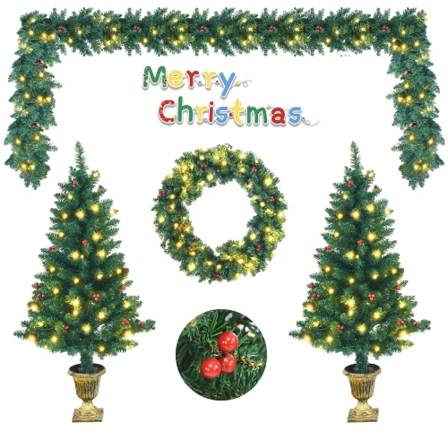 GYMAX  4PCs Pre-Lit Artificial Christmas Decoration Set Holiday Decor W/ Led Lights