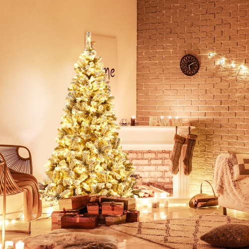 Gymax 6/7.5/9 FT Pre-Lit Christmas Tree Snow Flocked Hinged Pine Tree w/ Metal Stand