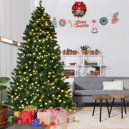 Gymax 7.5FT Pre-Lit Christmas Tree Hinged Artificial Tree w/ Metal Stand LED Lights