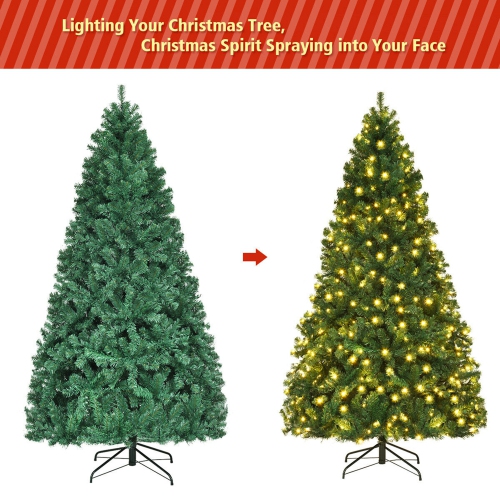 Gymax 7.5FT Pre-Lit Christmas Tree Hinged Artificial Tree w/ Metal Stand LED Lights