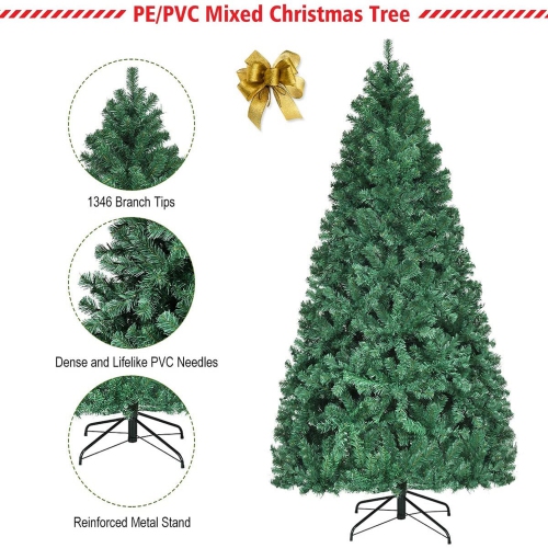 Gymax 7.5FT Pre-Lit Christmas Tree Hinged Artificial Tree w/ Metal Stand LED Lights