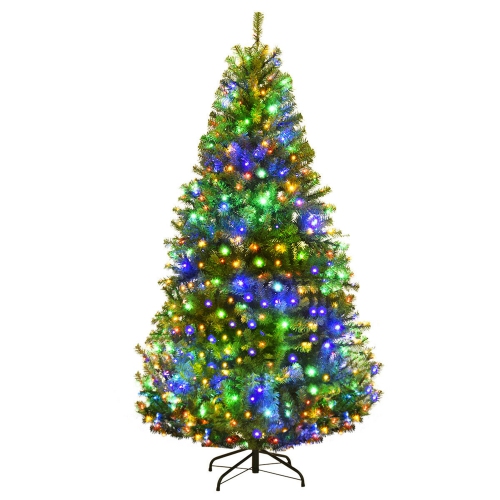 Gymax 5-9FT Pre-Lit Christmas Tree Hinged Artificial Tree w/ Metal Stand LED Lights