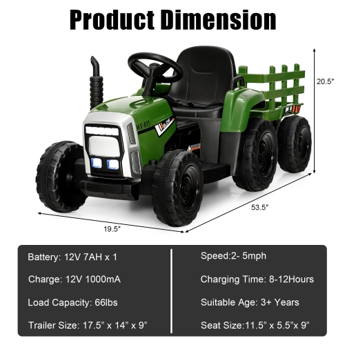 Costway Tracteur à Remorque Électrique 12V avec Télécommande et Lumières LED