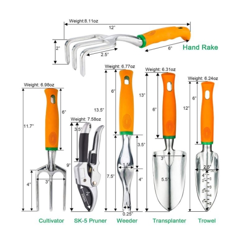 UKOKE Garden Tool Set, 12 Piece Aluminum Hand Tool Kit, Garden Canvas Apron with Storage Pocket, Outdoor Tool, Heavy Duty Gardening Work Set with