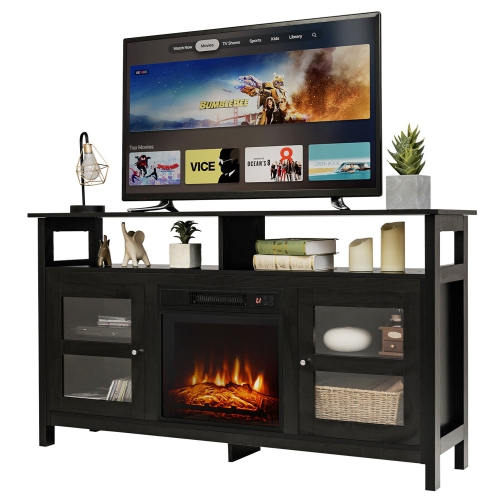 GYMAX  58" Fireplace Tv Stand W/18" 1400W Electric Fireplace Up to 65" In Black