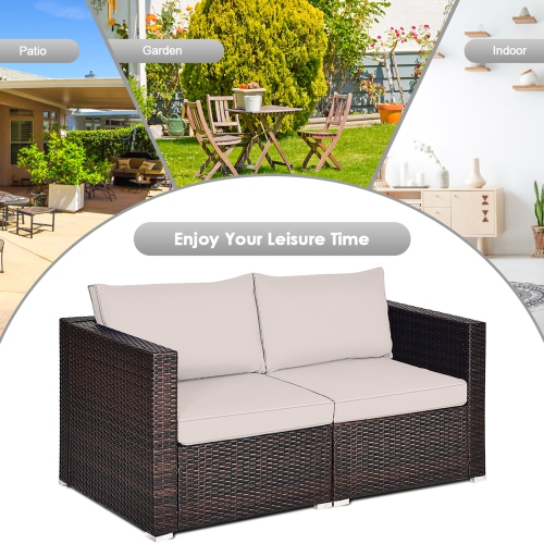 Gymax 4PCS Rattan Corner Sofa Set Patio Outdoor Furniture Set w/ Beige Cushions