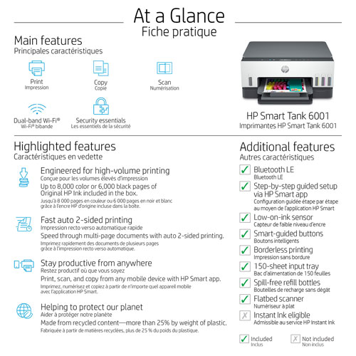 HP Smart Tank 6001 Wireless All-In-One Supertank Inkjet Printer - Up to 2 Years of Ink Included*