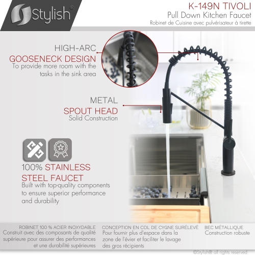 STYLISH Stainless Steel Single Handle Pull Down Sprayer Kitchen Faucet in Matte Black Finish K-149N