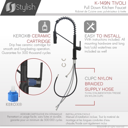 STYLISH Stainless Steel Single Handle Pull Down Sprayer Kitchen Faucet in Matte Black Finish K-149N