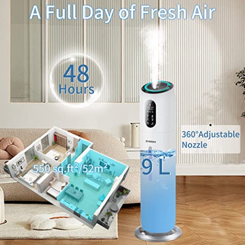 Humidificateur ultrasonique ZXBEER 9 L à remplissage par le haut avec embout 360°, 7 couleurs, arrêt automatique avec lumière