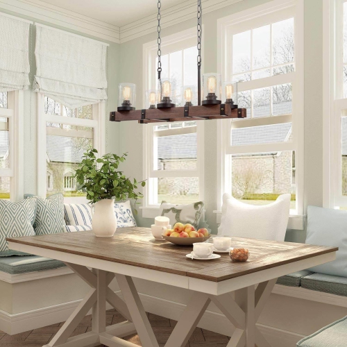 Modern Wood 6-Light Glass Linear Chandelier Kitchen Island Pendant