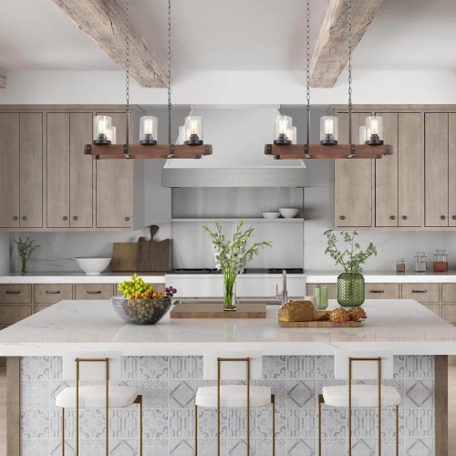 Modern Wood 6-Light Glass Linear Chandelier Kitchen Island Pendant