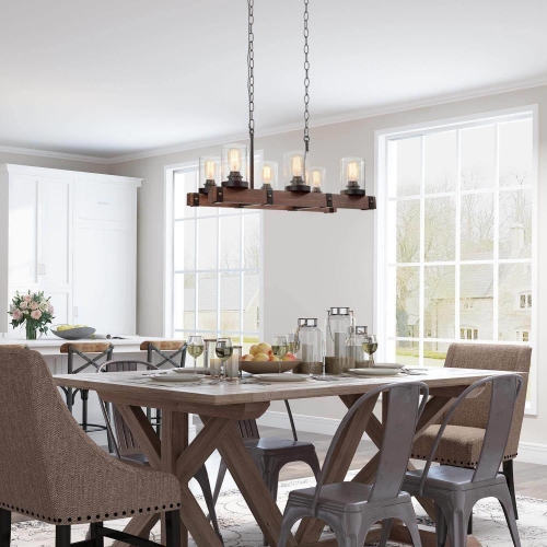 Modern Wood 6-Light Glass Linear Chandelier Kitchen Island Pendant