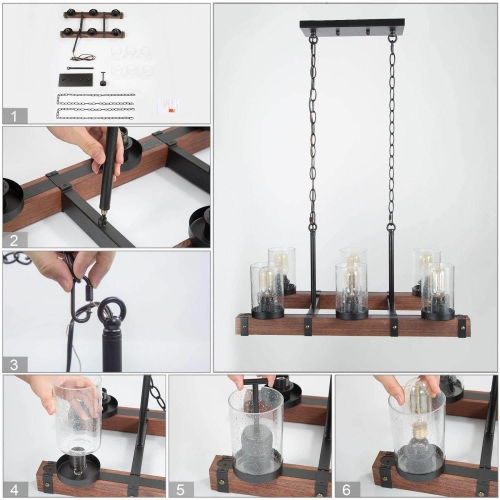 Modern Wood 6-Light Glass Linear Chandelier Kitchen Island Pendant