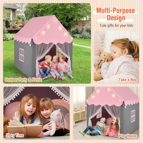 Gymax Kids Playhouse Tent Large Castle Fairy Tent Gift w/Star Lights Mat