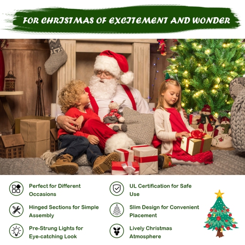 Gymax 6 ft Pre-lit Pencil Christmas Tree Hinged Fir Tree Holiday Decor w/ LED Lights