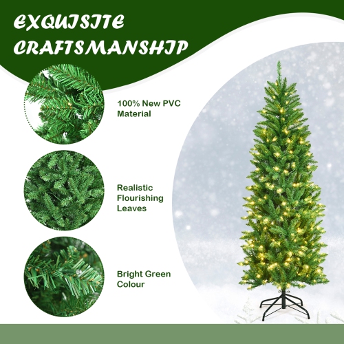 Gymax 6 ft Pre-lit Pencil Christmas Tree Hinged Fir Tree Holiday Decor w/ LED Lights