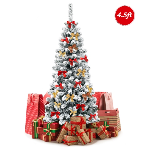 GYMAX  4.5Ft Snow Flocked Pencil Christmas Tree Artificial Pine Tree W/ Metal Stand