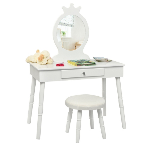 Gymax Vanity Makeup Table & Chair Set Make Up Stool Play Set for Children White