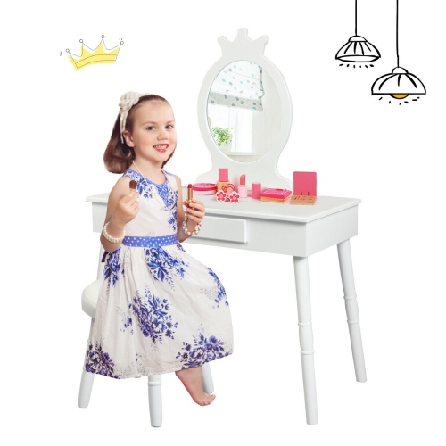 Gymax Vanity Makeup Table & Chair Set Make Up Stool Play Set for Children White