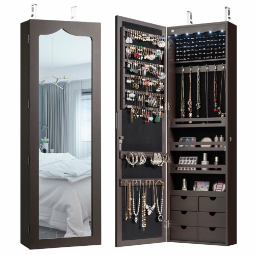 GYMAX  Lockable Wall Door Mounted Jewelry Cabinet Led Mirror In Brown