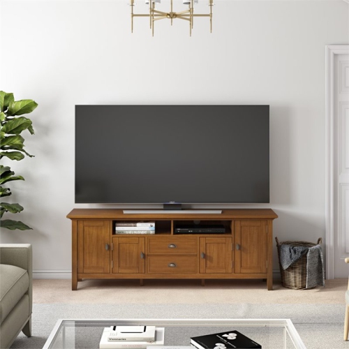 Simpli Home Redmond Wood 72" Transitional TV Media Stand in Light Golden Brown For TVs up to 80"