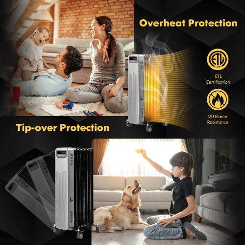 Costway 1500W Oil-Filled Radiator Heater Portable Electric Space Heater 3 Heat Settings