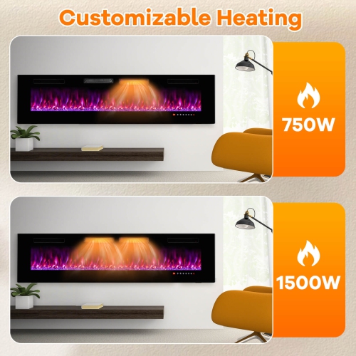 Costway 72 Inches Ultra-Thin Electric Fireplace Wall-Mounted & Recessed Fireplace Heater